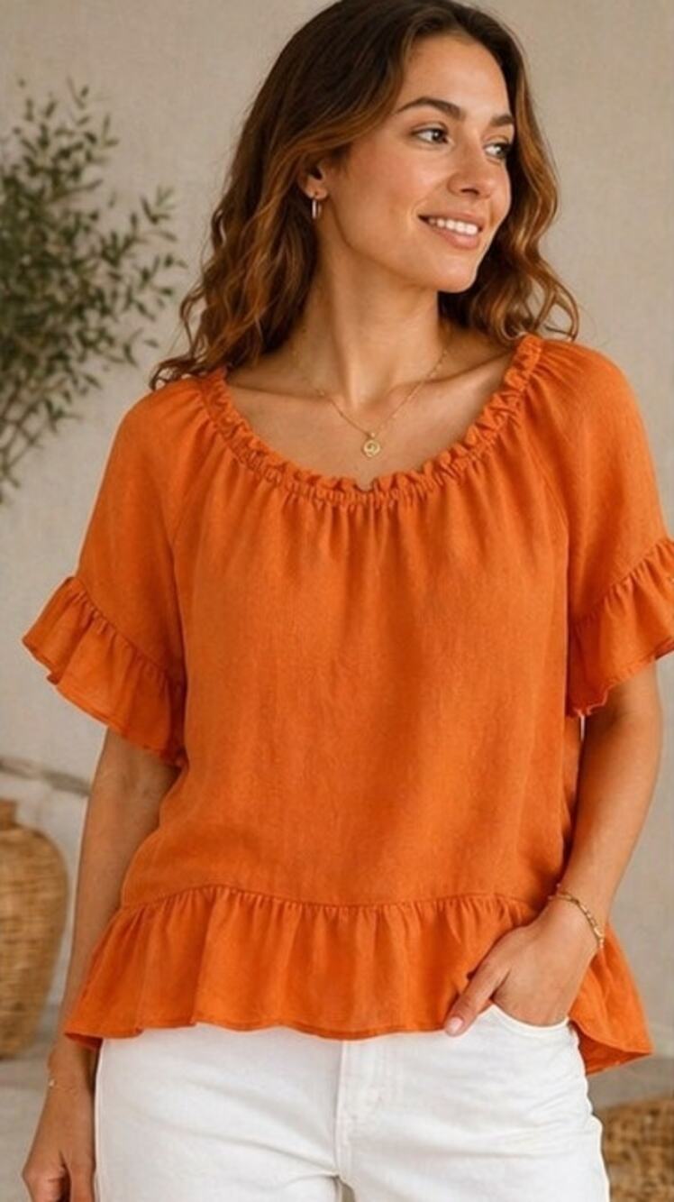 Terzo Millennio Orange Linen Ruffle Hem Top Made in Italy Size S